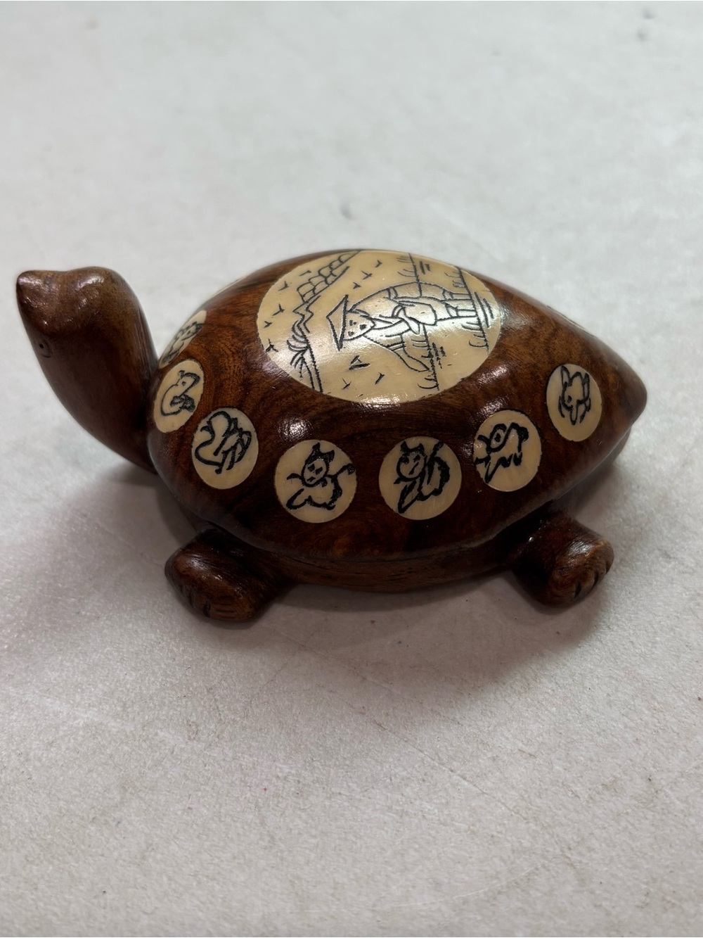 Handcrafted Brown Turtle Reptile Ornament with Cream Inlay Zodiac Compass